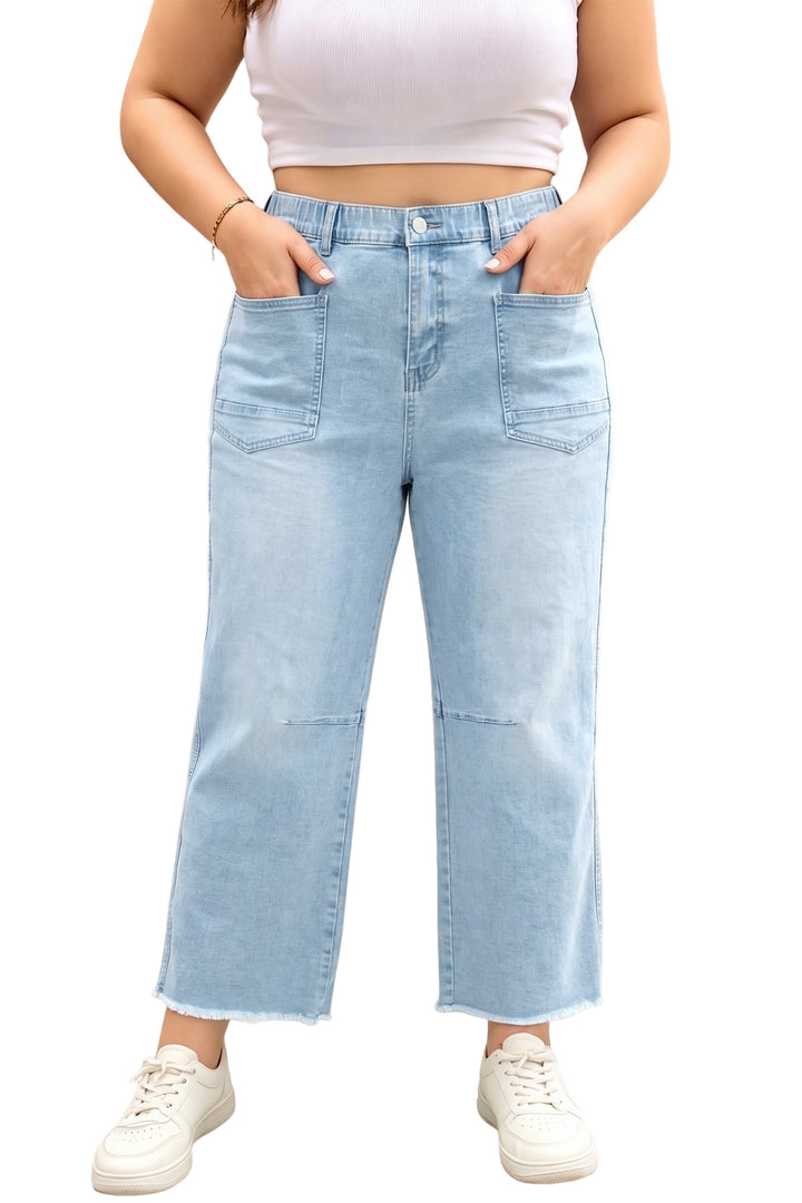 Beau Blue Plus Size Seam Detail Patch Pocket Raw Cut Shift Jeans