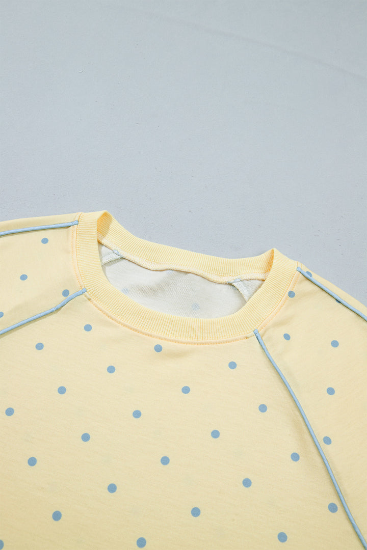 Yellow Polka Dot Print Piping Trim 3/4 Sleeve Relaxed Top