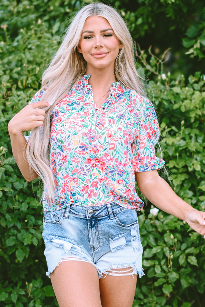 Floral Print Button Split Neck Puff Sleeve Blouse