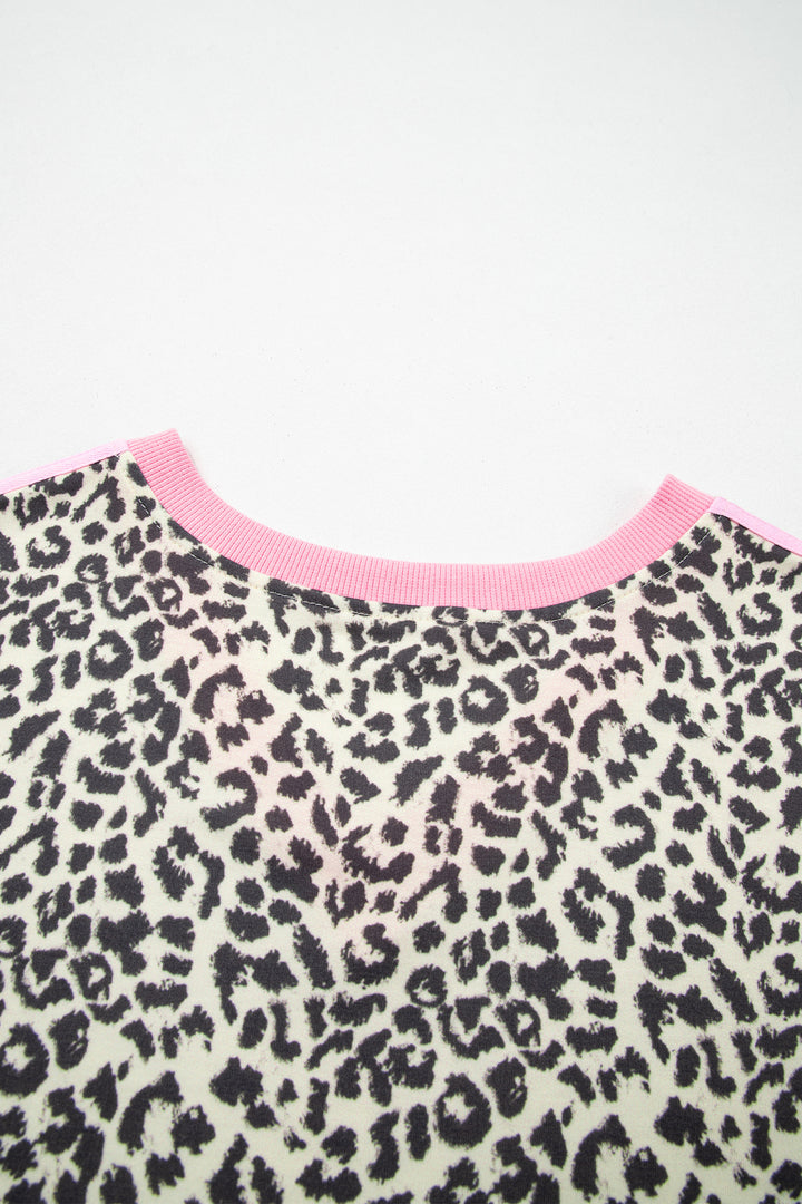 Contrast V Neck Varsity Short Sleeve Leopard Top