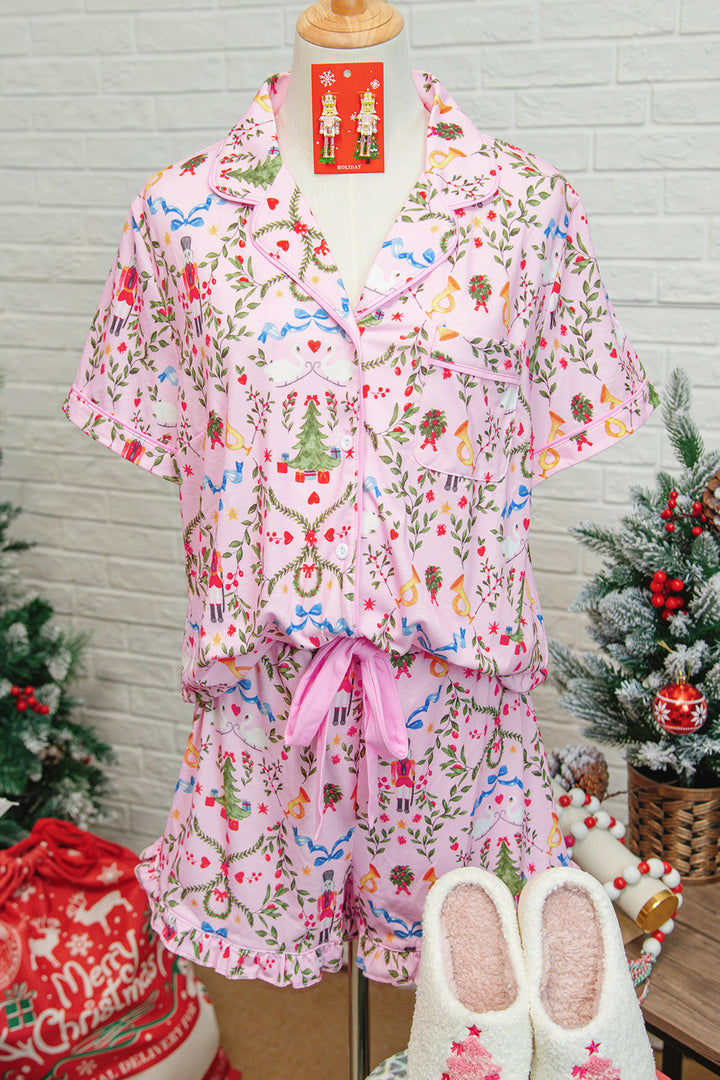 Pink Nutcracker Doll Christmas Print Ribbon Tie Waist Short 2pcs Pajama Set