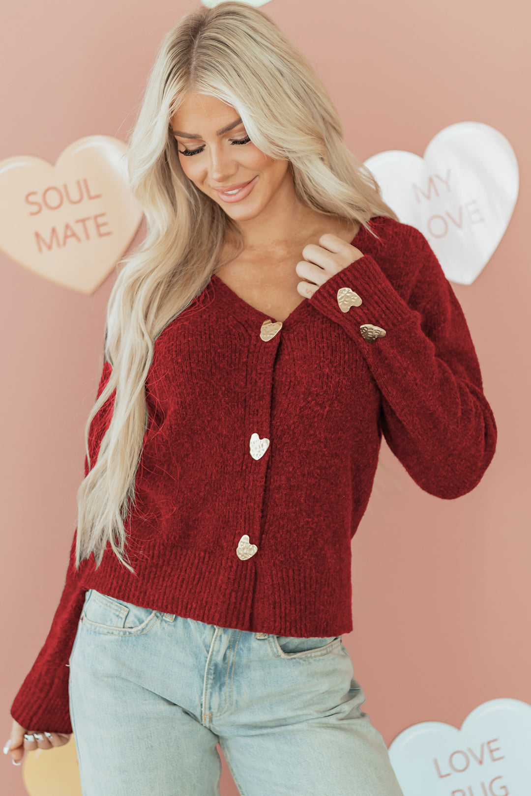 Fiery Red Heart Metal Button V Neck Wool Cardigan Sweater
