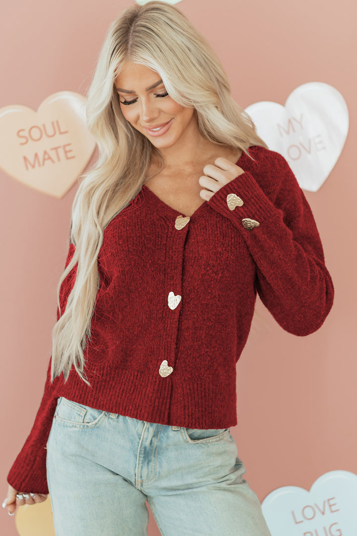 Fiery Red Heart Metal Button V Neck Wool Cardigan Sweater