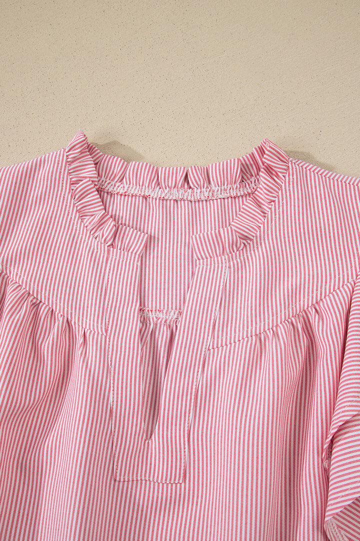 Red Stripe Frilly Split Neck Double Ruffled Short Sleeve Blouse