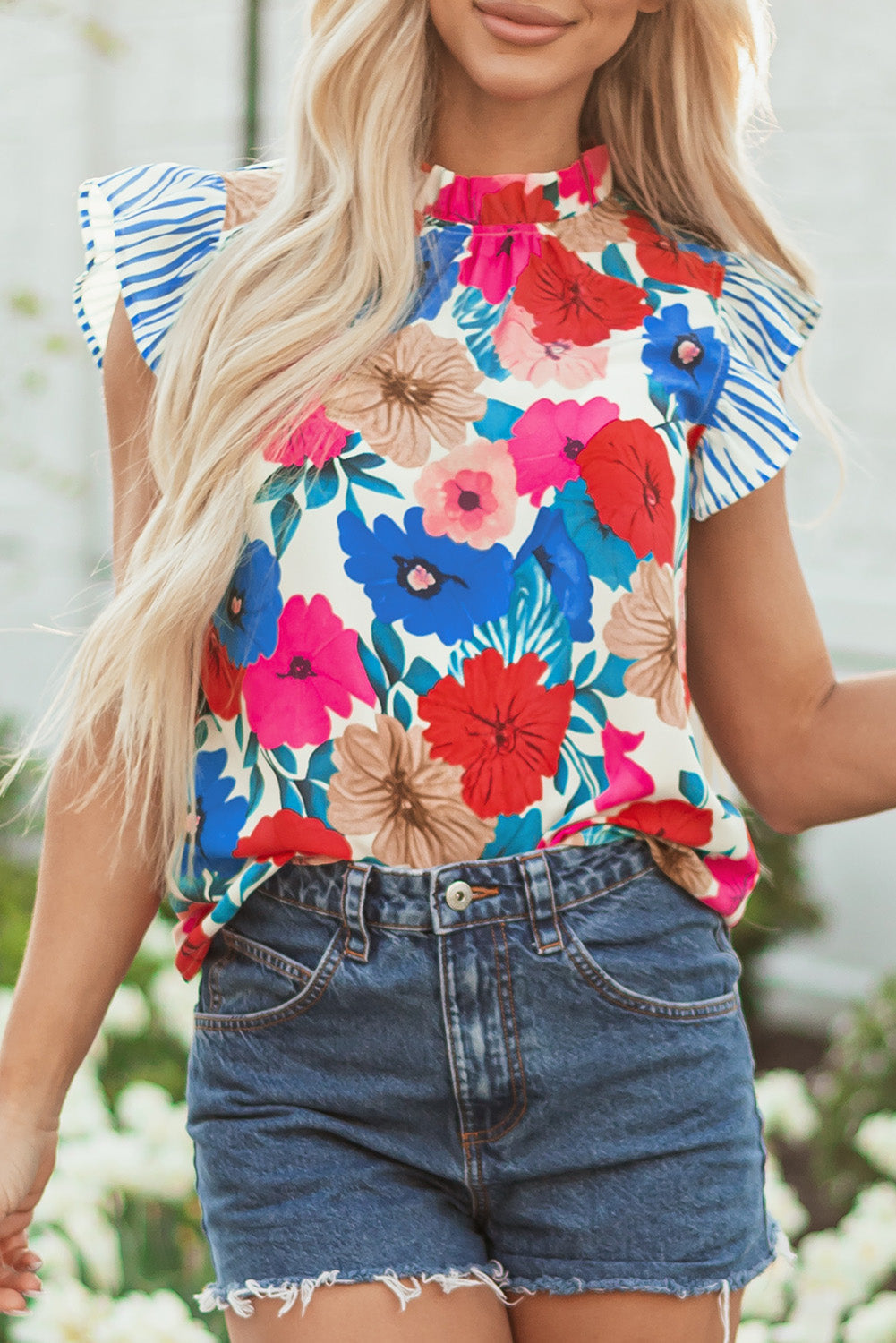 floral mock neck striped flutter sleeve blouse