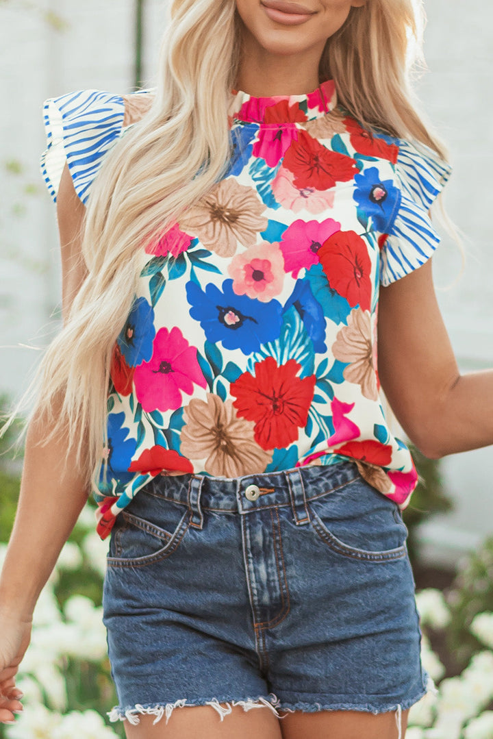 floral mock neck striped flutter sleeve blouse