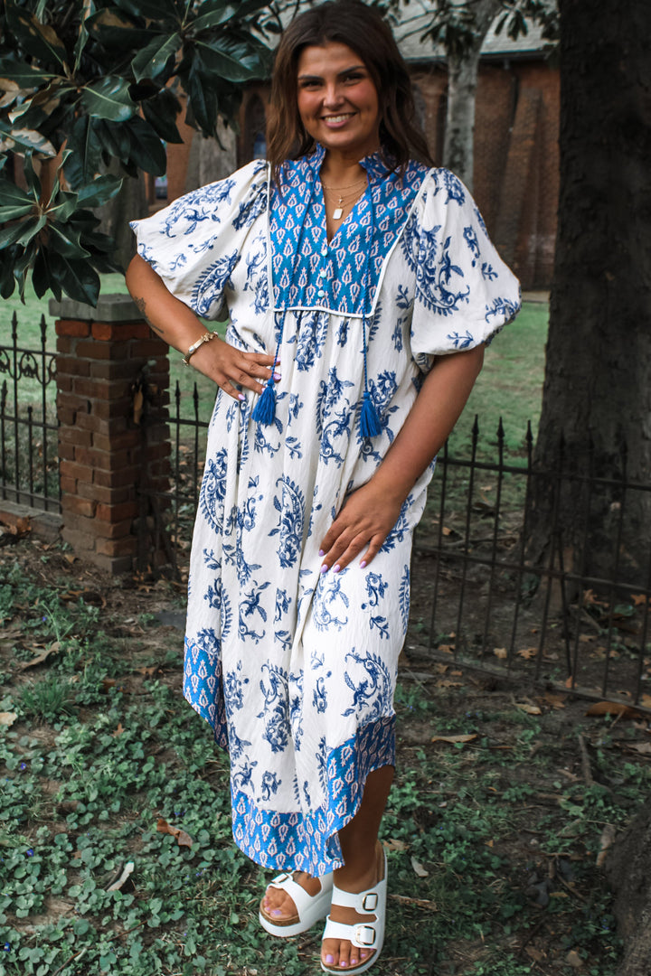 Sky Blue Boho Abstract Print Contrast Trim V Neck Tassel Tie Dress