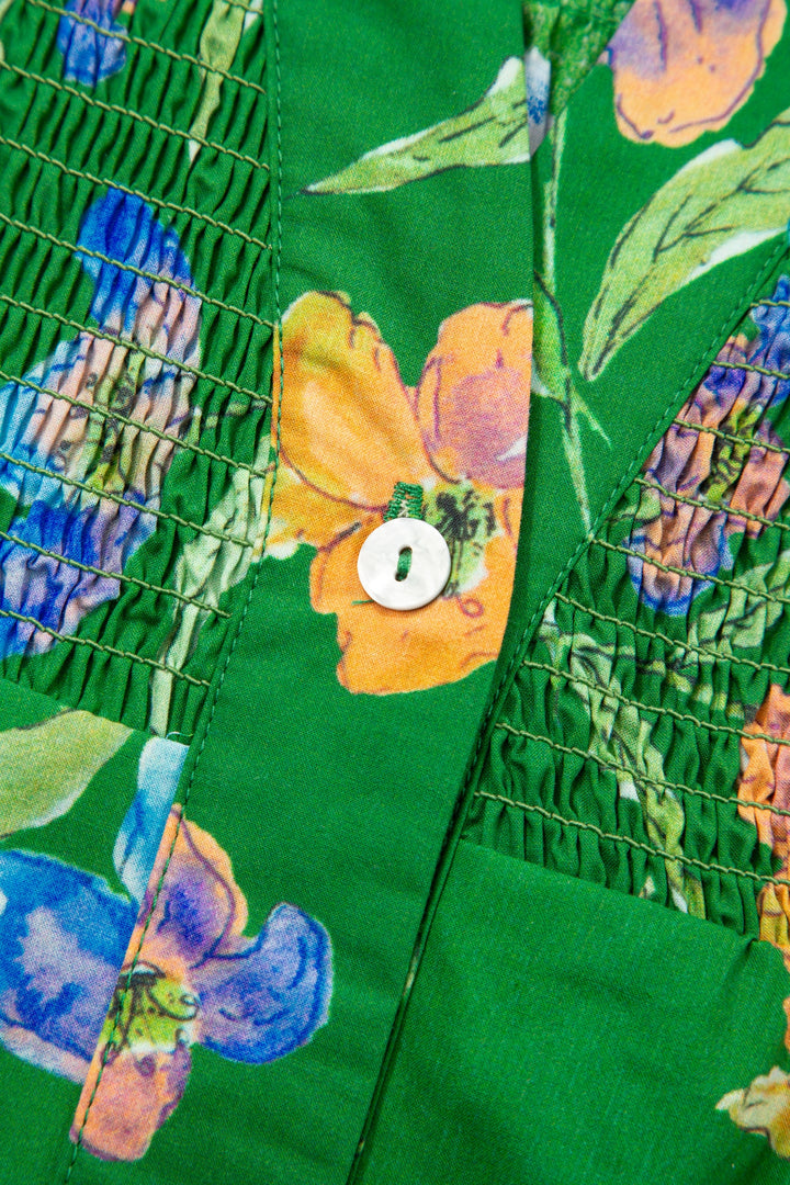 Green Plus Size Ruffled Short Sleeve Cotton Floral Top