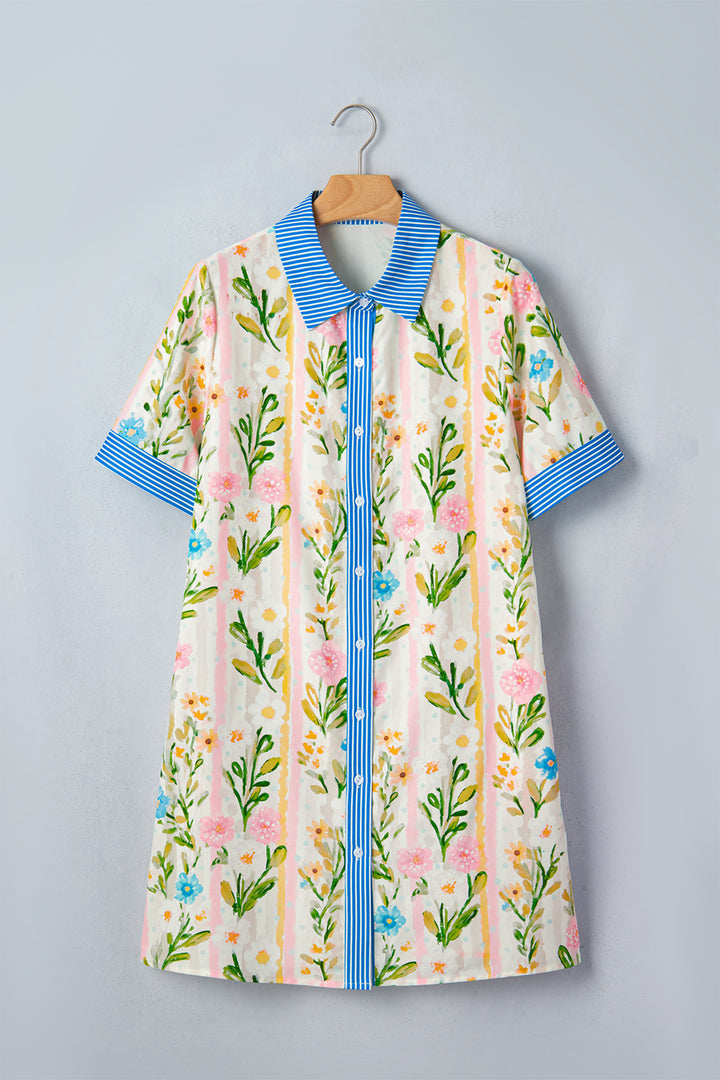 Chic Multicolour Floral Print Striped Trim Button Down Shift Dress