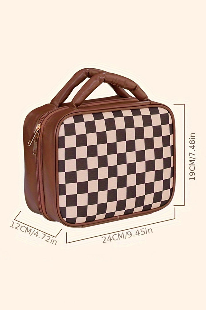 Checkered Multiple Compartments PU Leather Cosmetic Bag