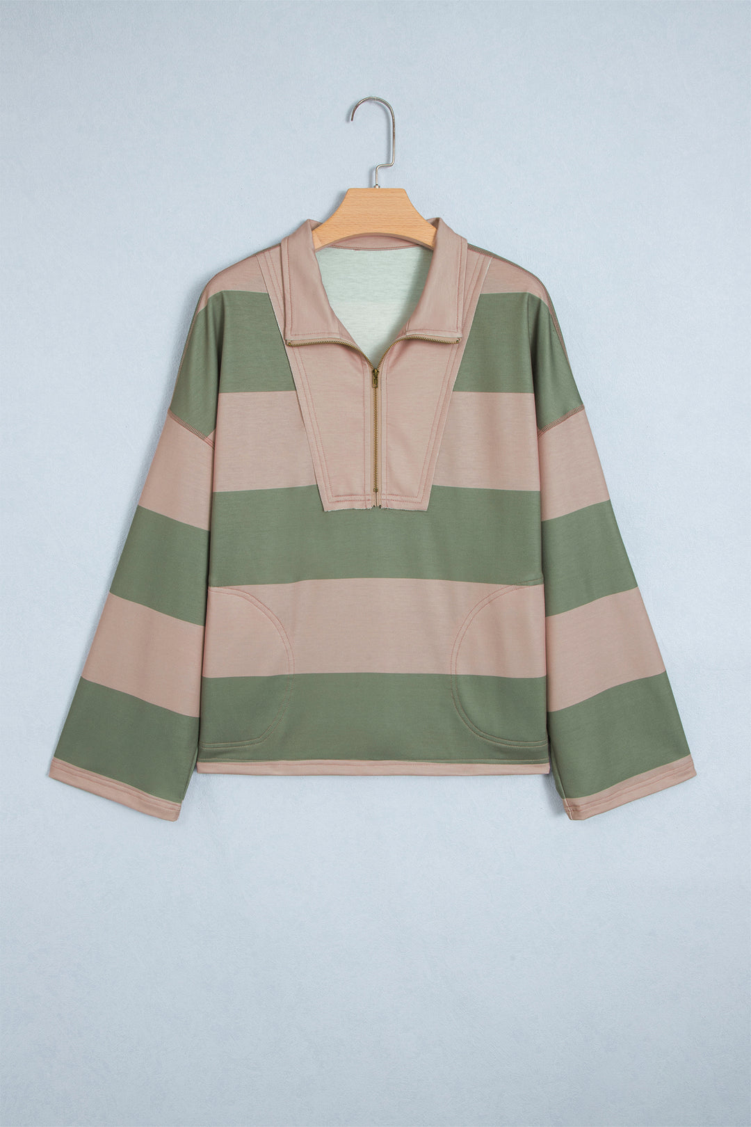 Green Striped Colorblock Zipper Pullover Long Sleeve Loose Top