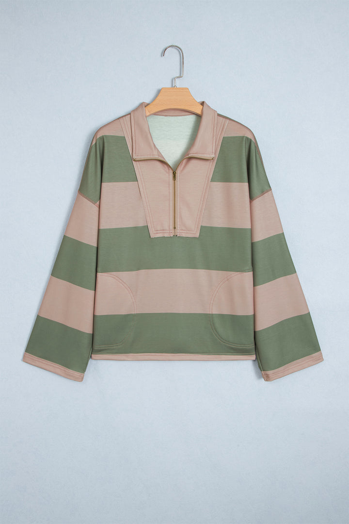 Green Striped Colorblock Zipper Pullover Long Sleeve Loose Top