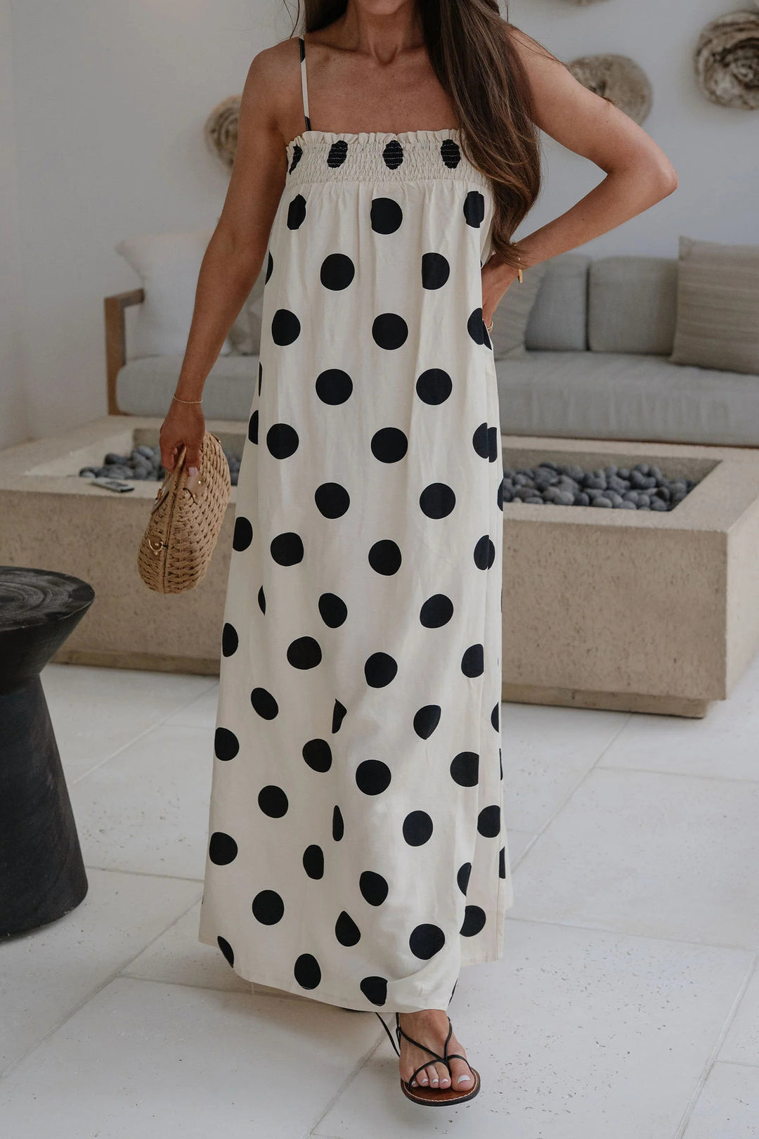 White Polka Dot Spaghetti Straps Maxi Dress