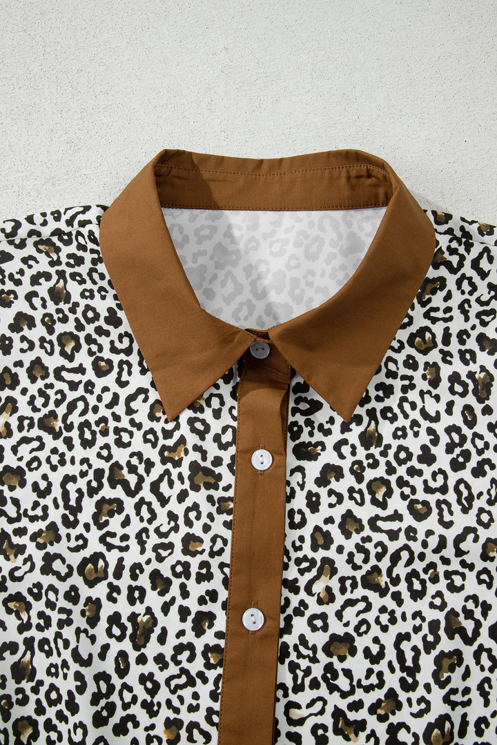 Khaki Plus Size Buttoned Contrast Trim Puff Sleeve Leopard Print Blouse
