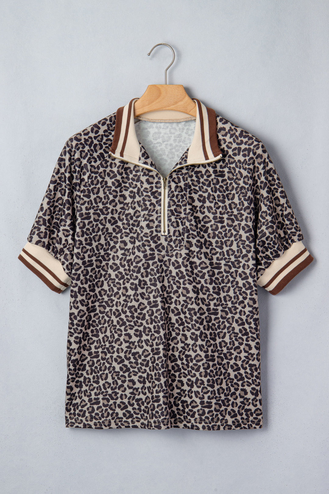 Leopard Print Half Zip Striped Trim Patchwork Short Sleeve Top
