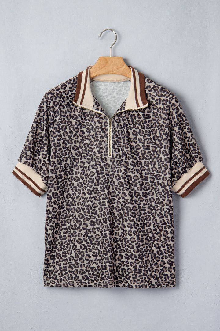 Leopard Print Half Zip Striped Trim Patchwork Short Sleeve Top