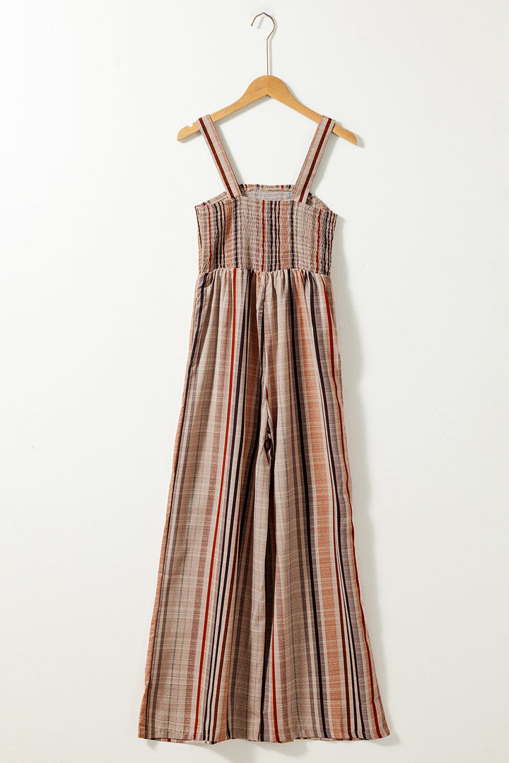 Yellow Stripe Square Neck Sleeveless Smocked Bodice Wide Leg Jumpsuit