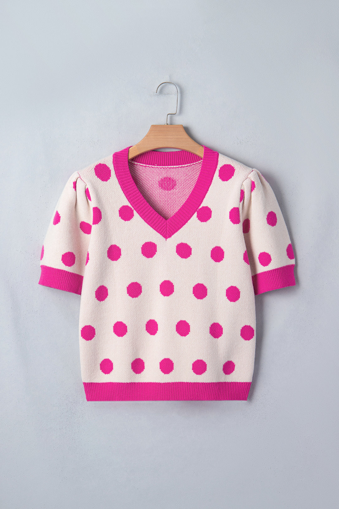 Pink Polka Dot Puff Short Sleeve Sweater Top
