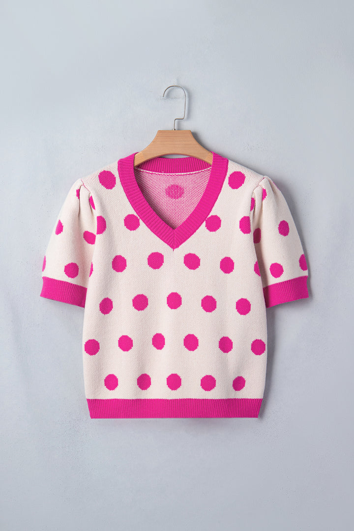 Pink Polka Dot Puff Short Sleeve Sweater Top