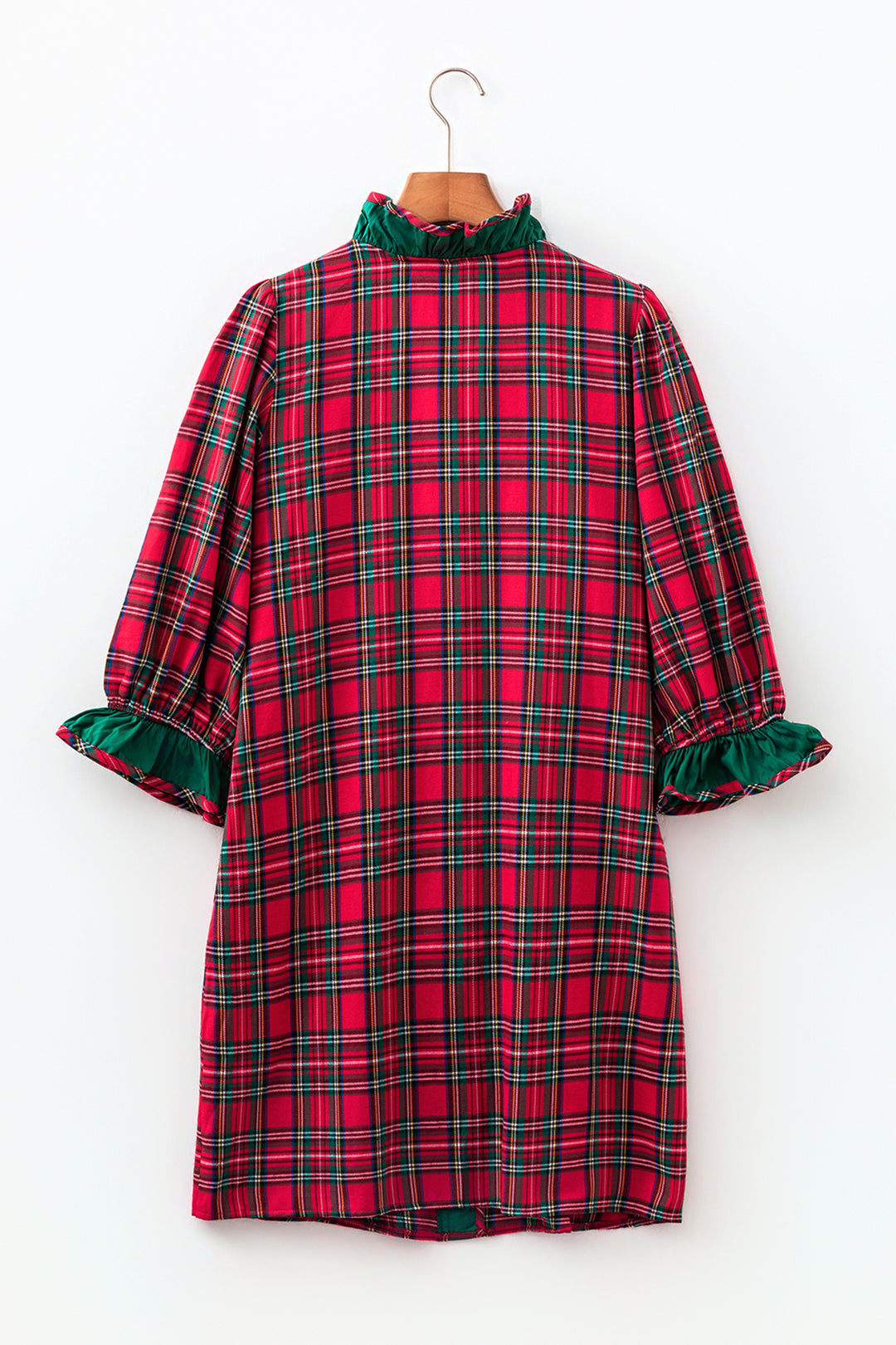 Red Plaid Ruffle Cuff Button Front Pocket Mini Dress