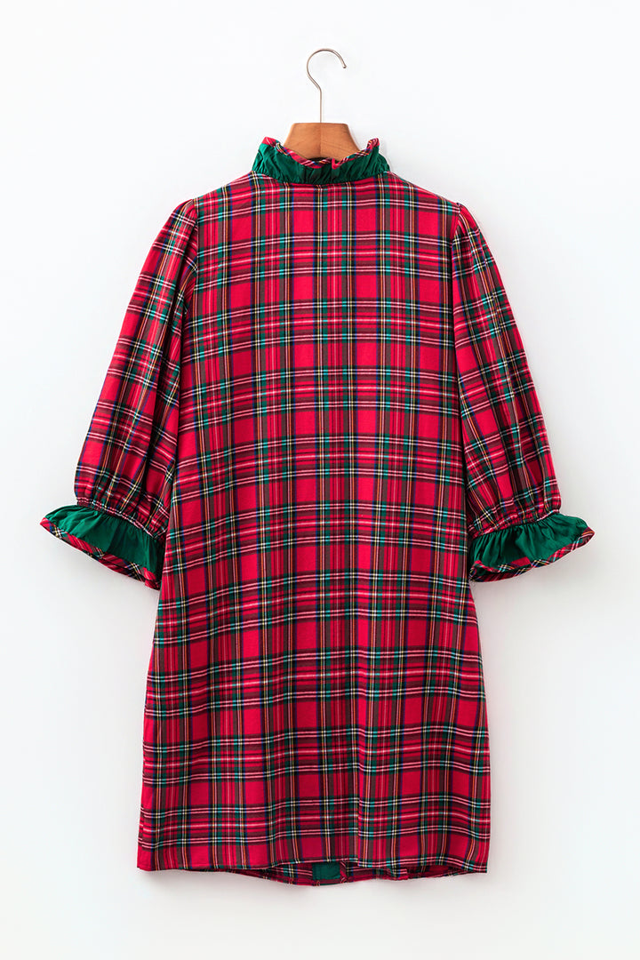 Red Plaid Ruffle Cuff Button Front Pocket Mini Dress