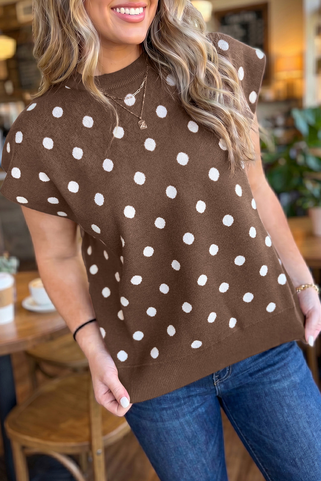 Brown Dolman Short Sleeve Round Neck Polka Dot Sweater