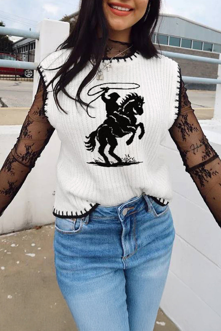 White Contrast Trim Round Neck Rodeo Cowboy Sweater Vest