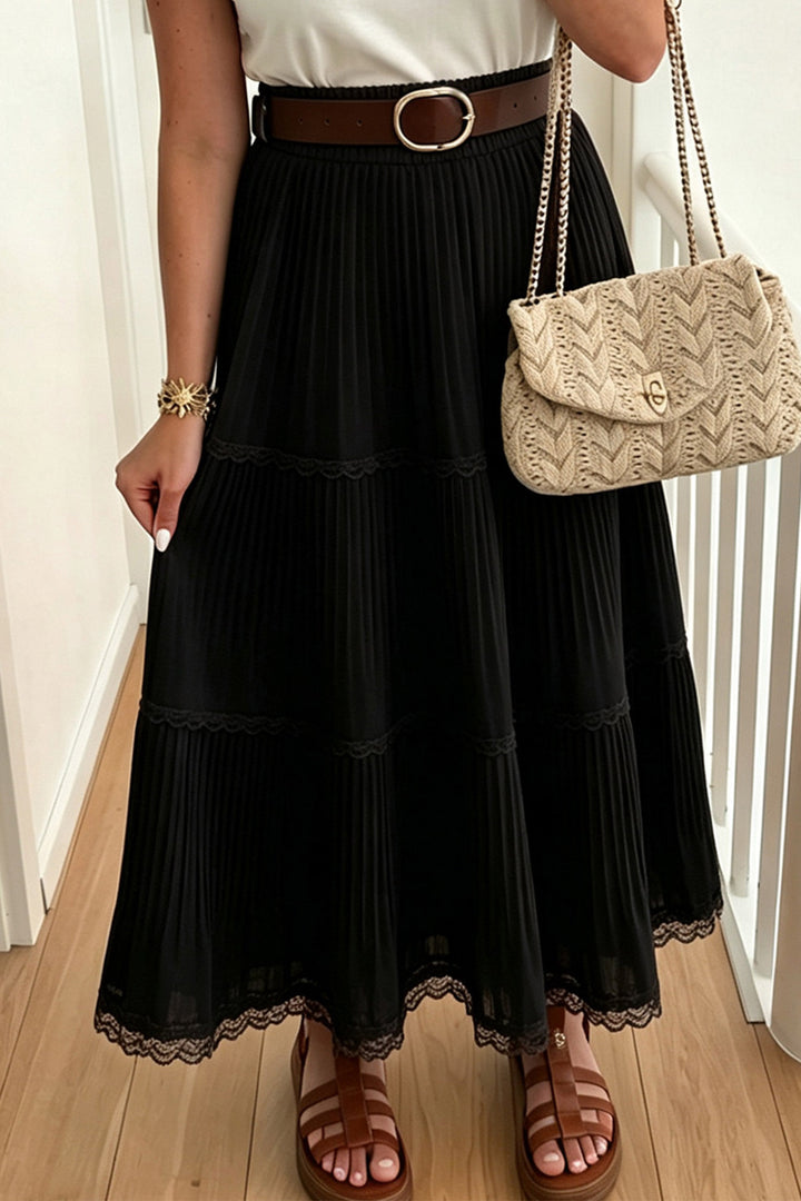 Black Solid Color Pleated Lace Trim Tiered Long Skirt