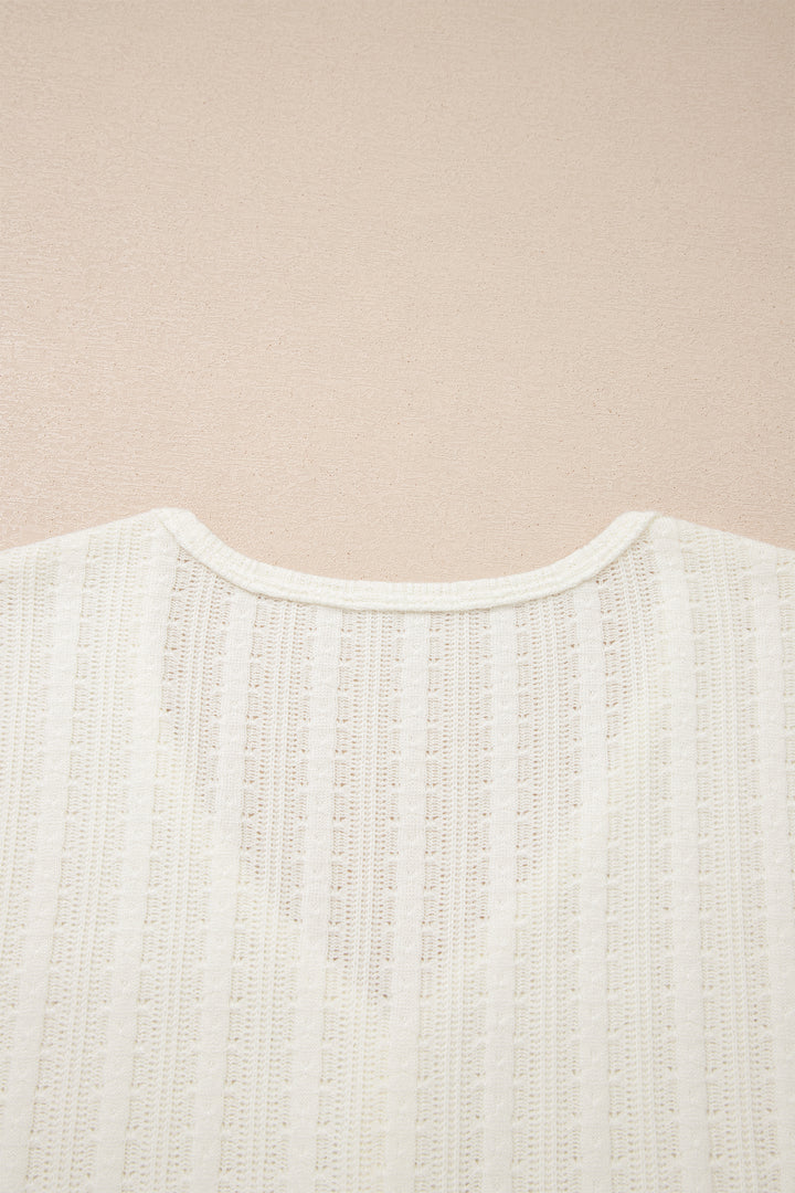 Solid Color Textured Button V Neck Raw Seam Henley Tee