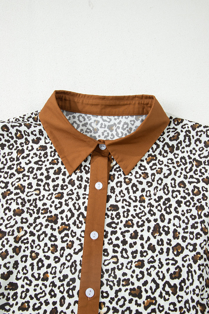 Khaki Plus Size Button Leopard Print Puff Sleeve Loose Mini Dress