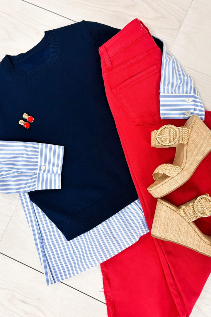 Navy Blue Drop Shoulder Long Sleeve Striped Pullover Sweater