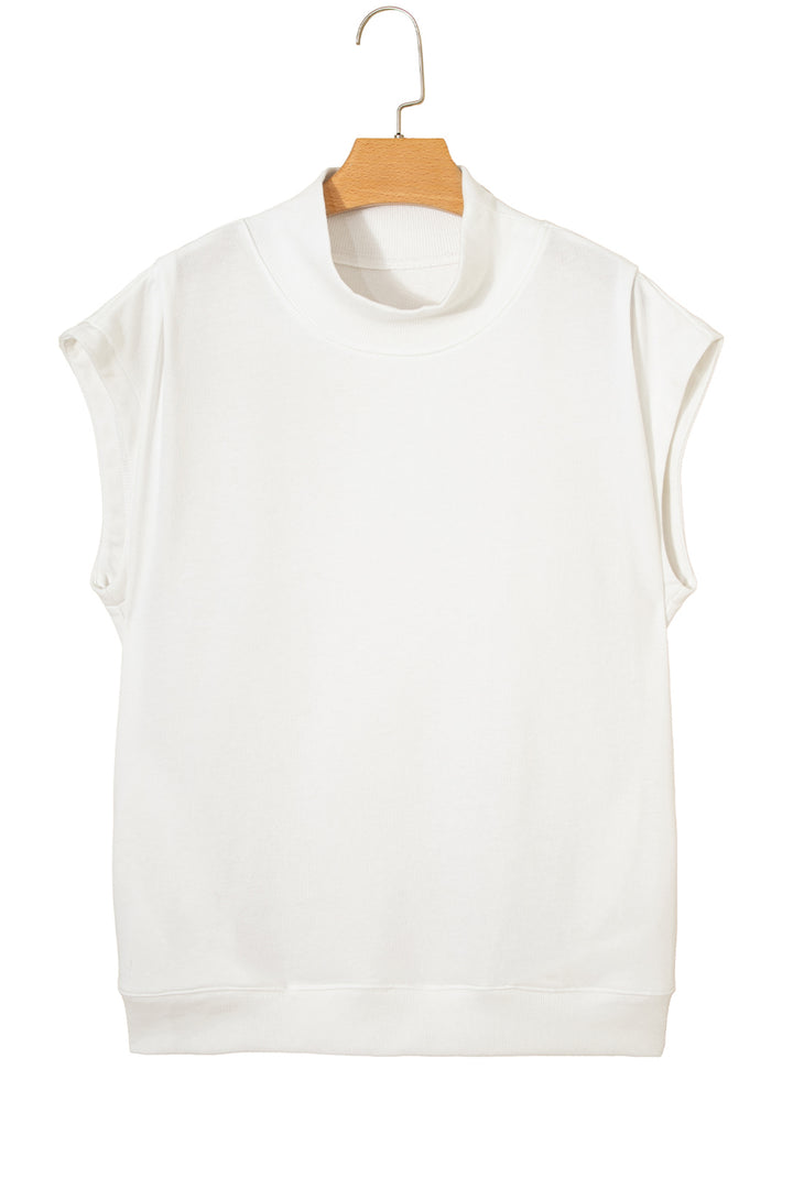White Solid Color High Neck Cap Sleeve Loose Top