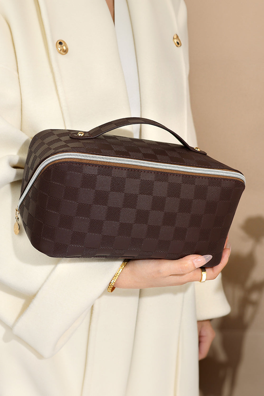 Checkered Zipper Handle PU Leather Travel Makeup Bag