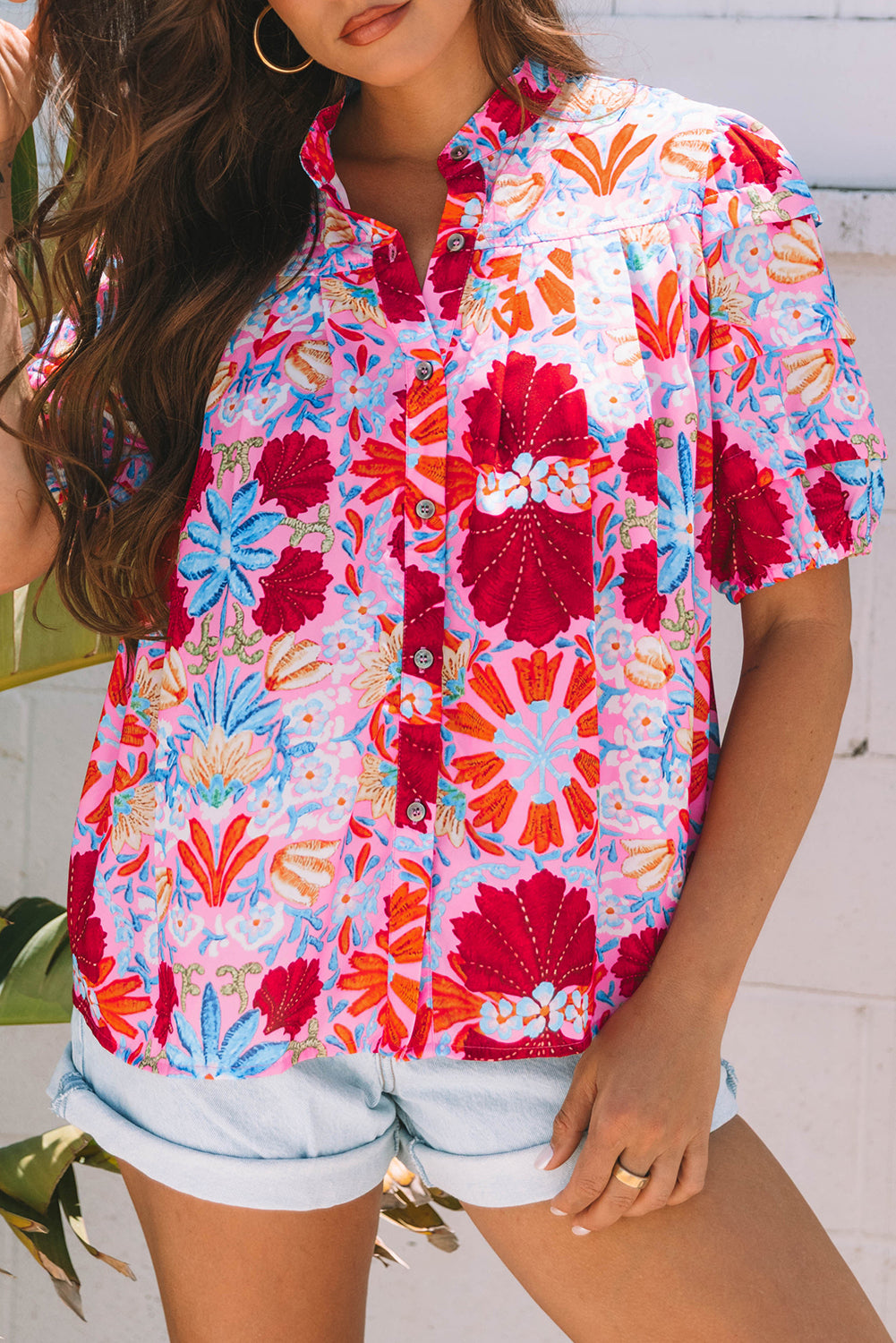 Floral Print Bubble Sleeve Button Up Pleated Shirt