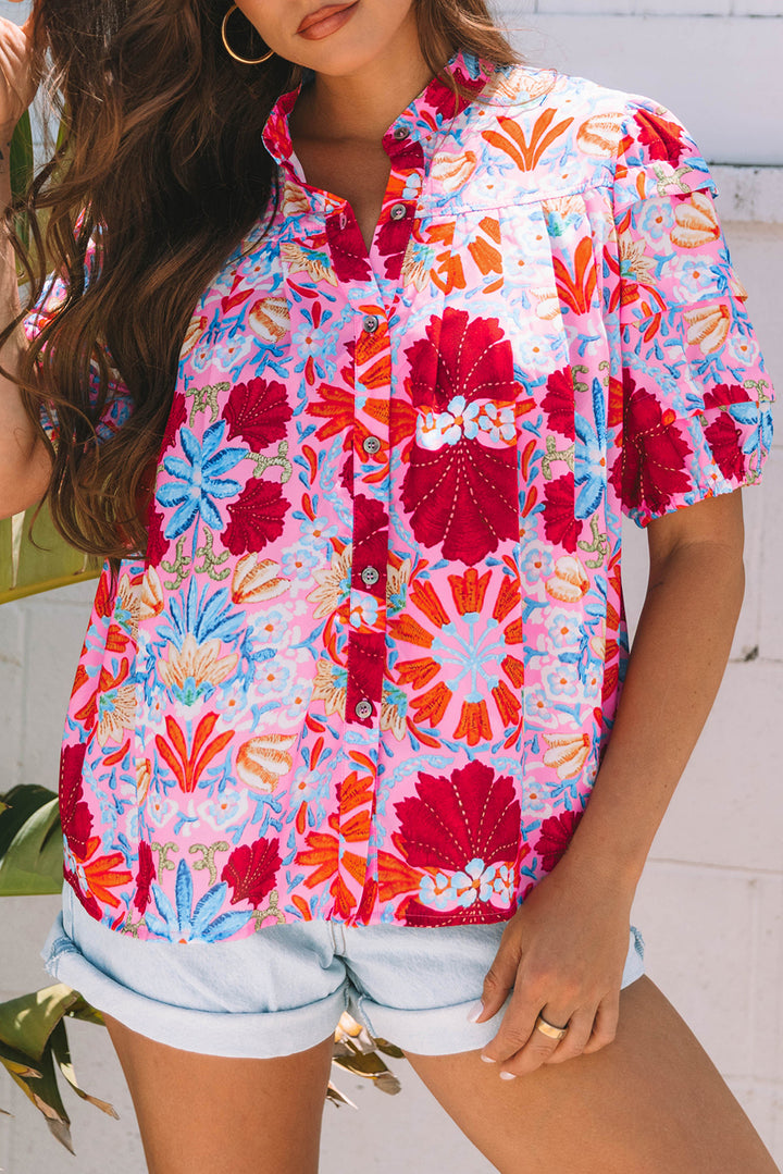Floral Print Bubble Sleeve Button Up Pleated Shirt