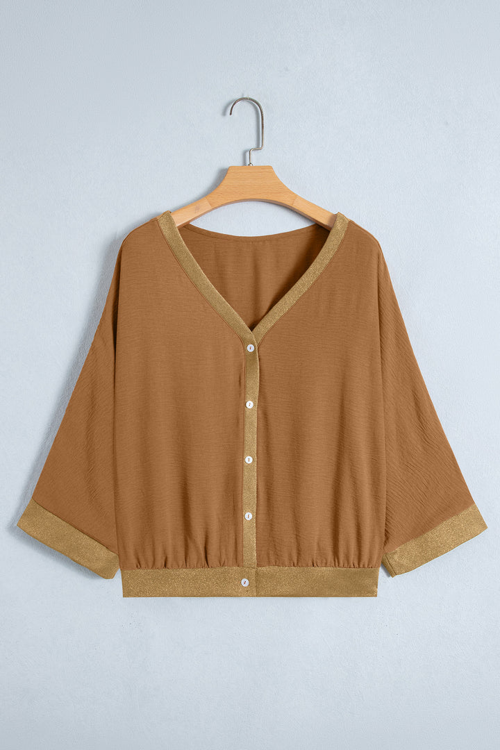 Brown V Neck Glitter Trim Patchwork Button-Front Blouse