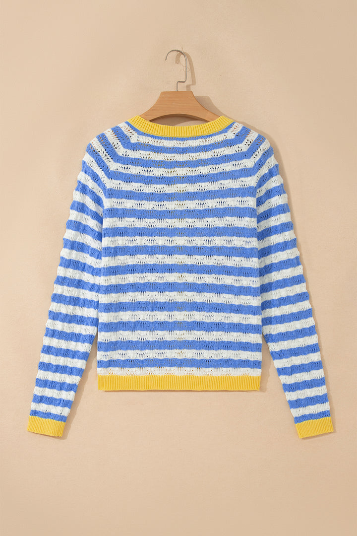 Sky Blue Stripe Button Front Long Sleeve Loose Fit Knit Cardigan