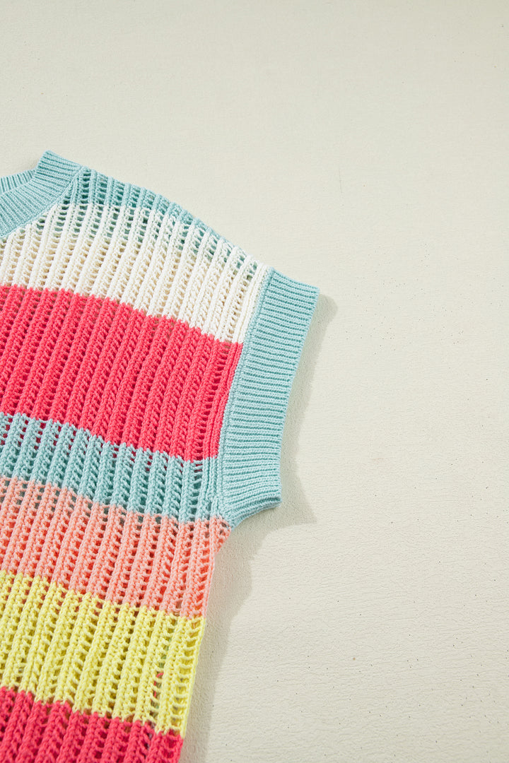 Color Block Hollow Out Knit Short Sleeve Sweater