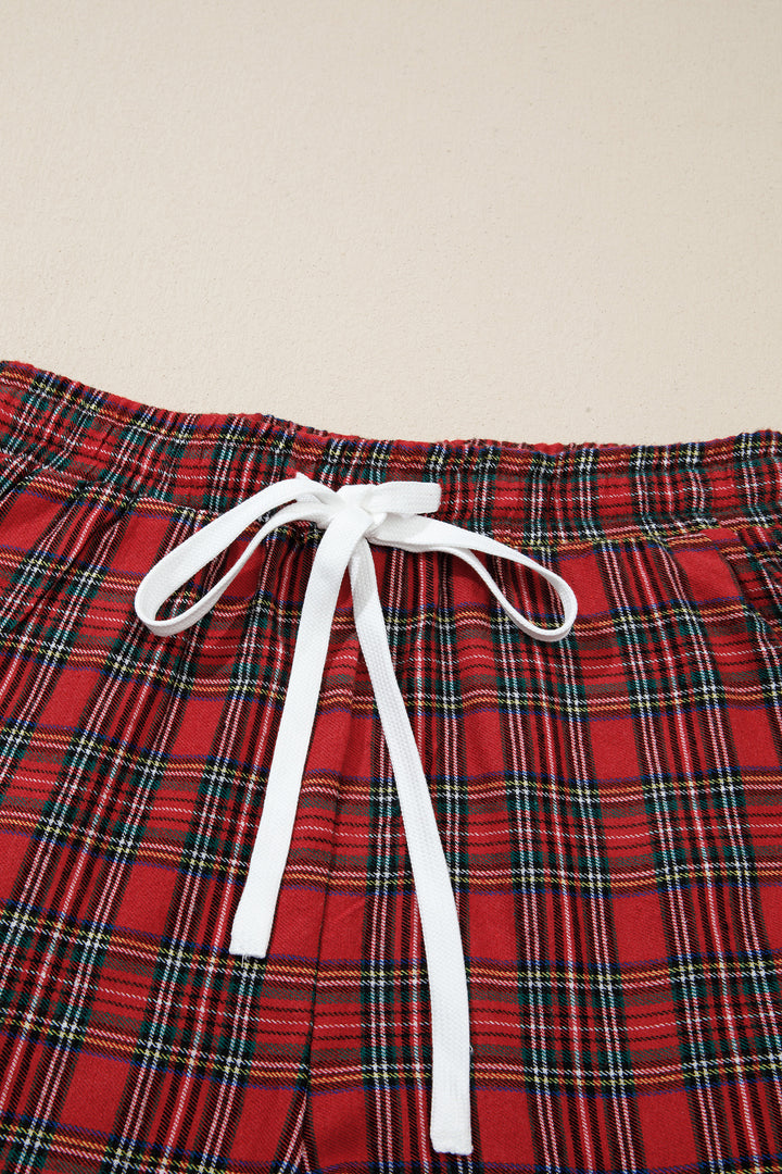 White Plaid Merry Slogan Embroidered Pocket Long Sleeve Shift Lounge Set