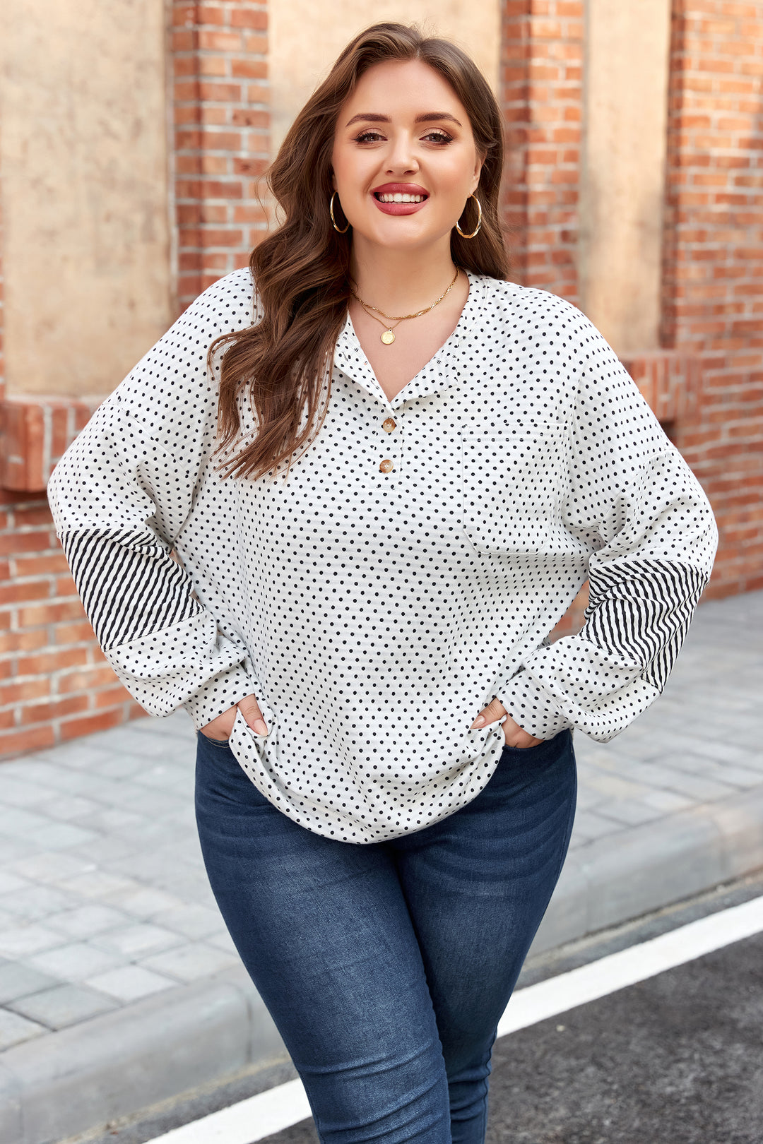 Beige Plus Size Dot Print Striped Patchwork Long Sleeve Henley Top