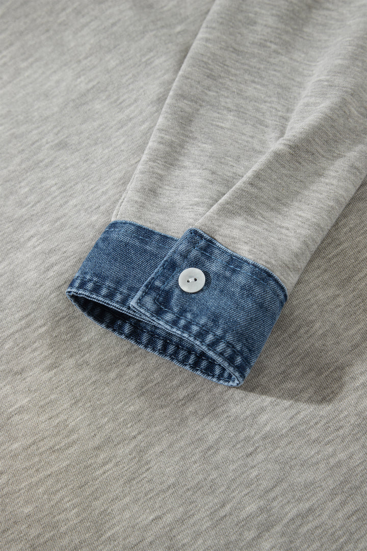 Sleet Denim Collar Patchwork Long Sleeve Pullover Top