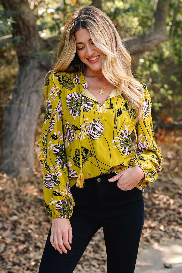 Vintage Floral V Neck Ruffle Trim Long Sleeve Blouse