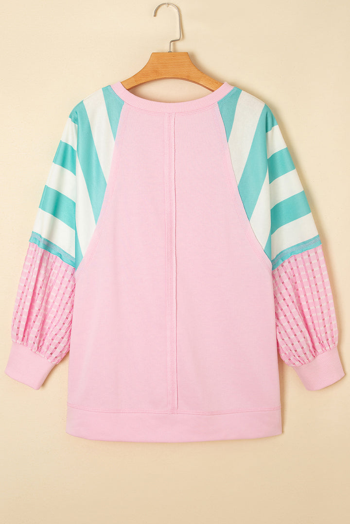 Cute Pink Striped Patchwork Raglan Pullover Top with Slits