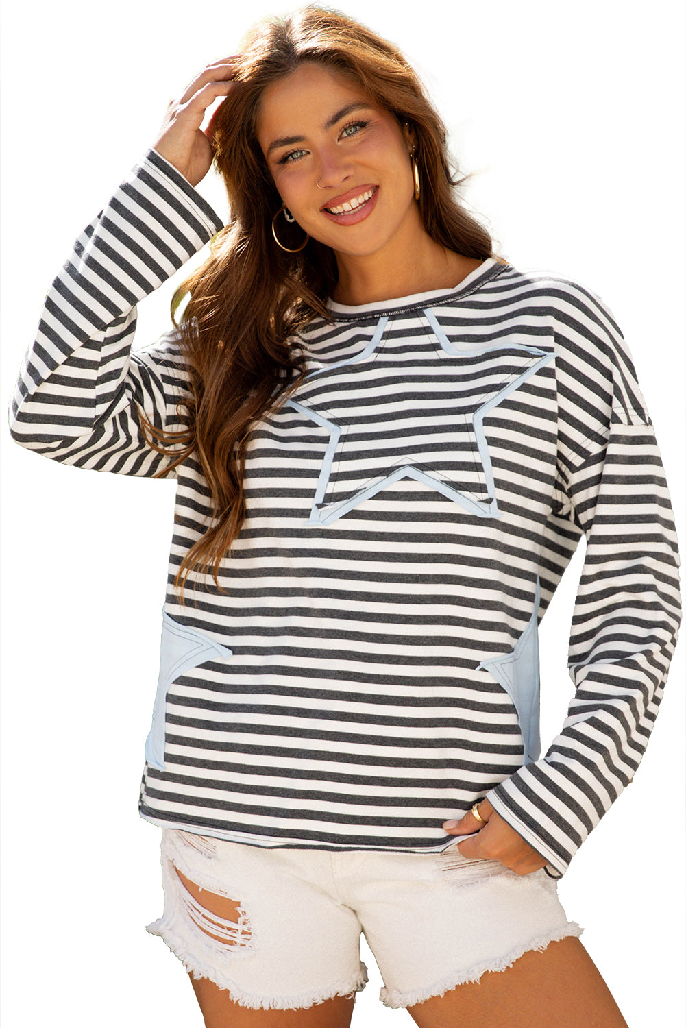 Starry Patch Drop Shoulder Raw Edge Casual Knit Top