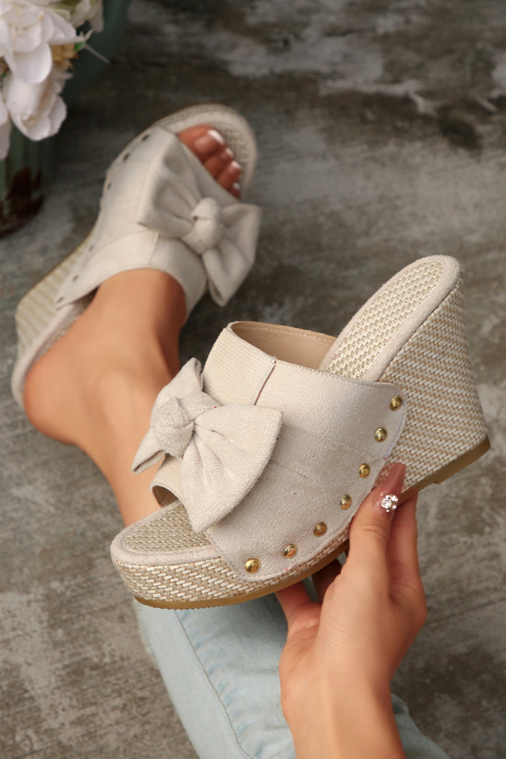 Cute Bow Knot Studded Wedge Platform Slippers
