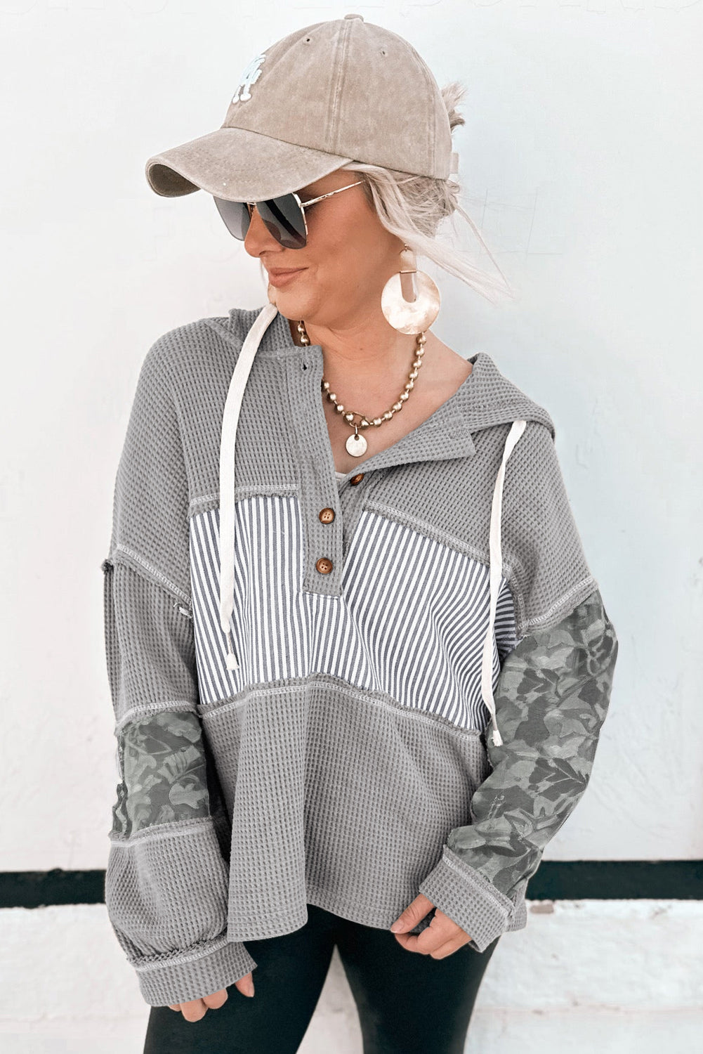 Waffle Printed Patchwork Drawstring Hooded Long Sleeve Top