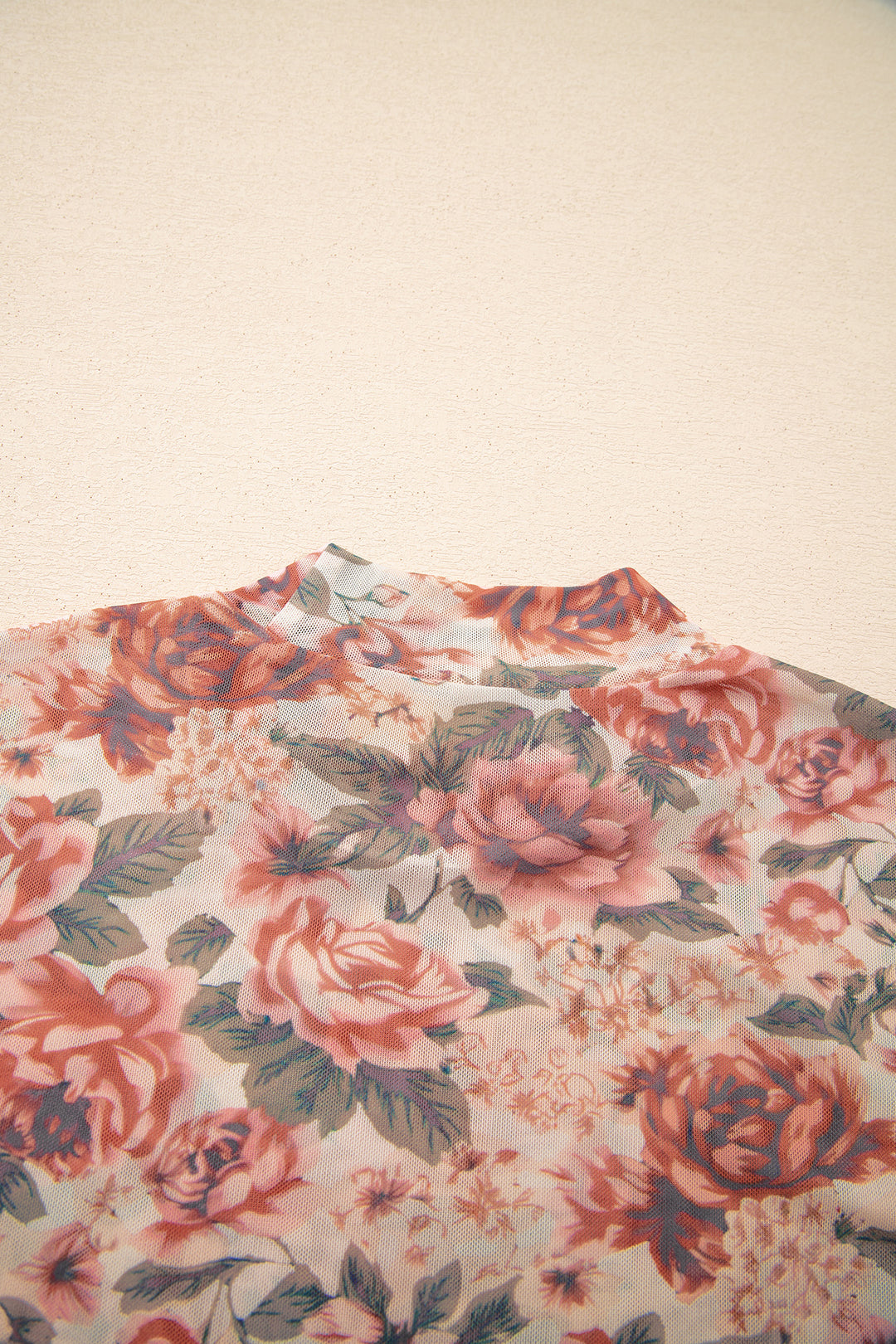 Retro Floral Print Mock Neck Mesh Long Sleeve Top