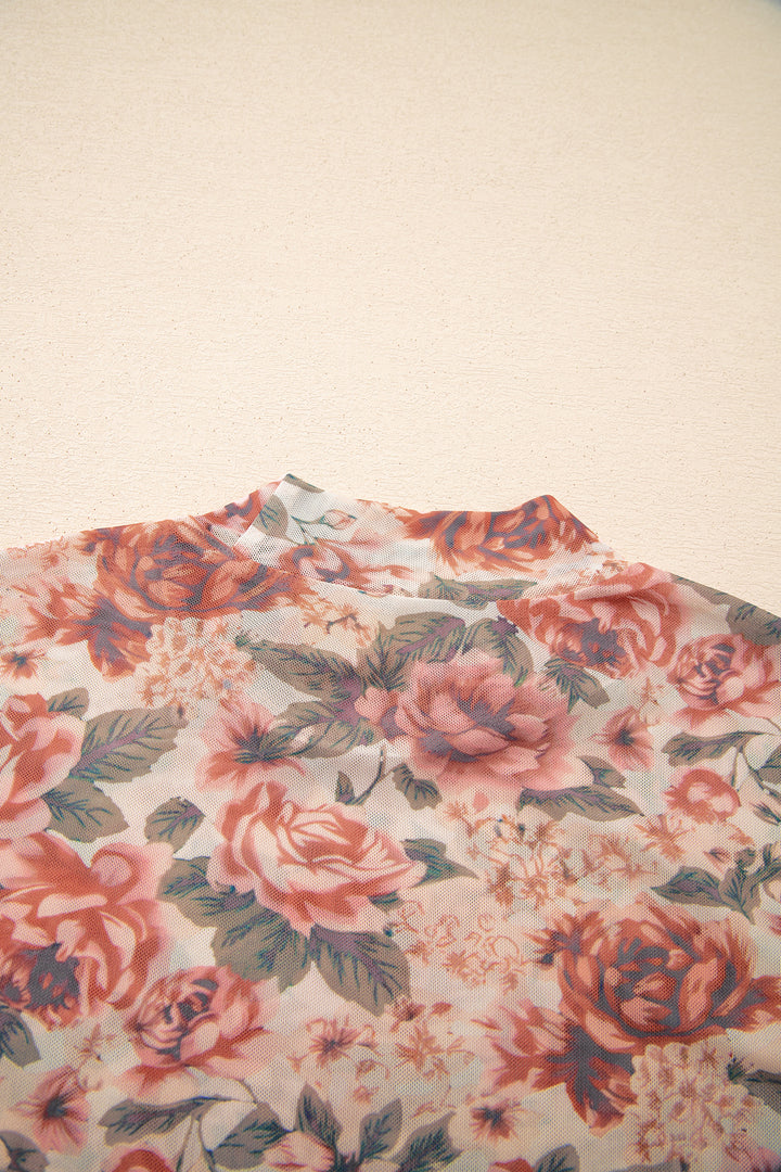Retro Floral Print Mock Neck Mesh Long Sleeve Top