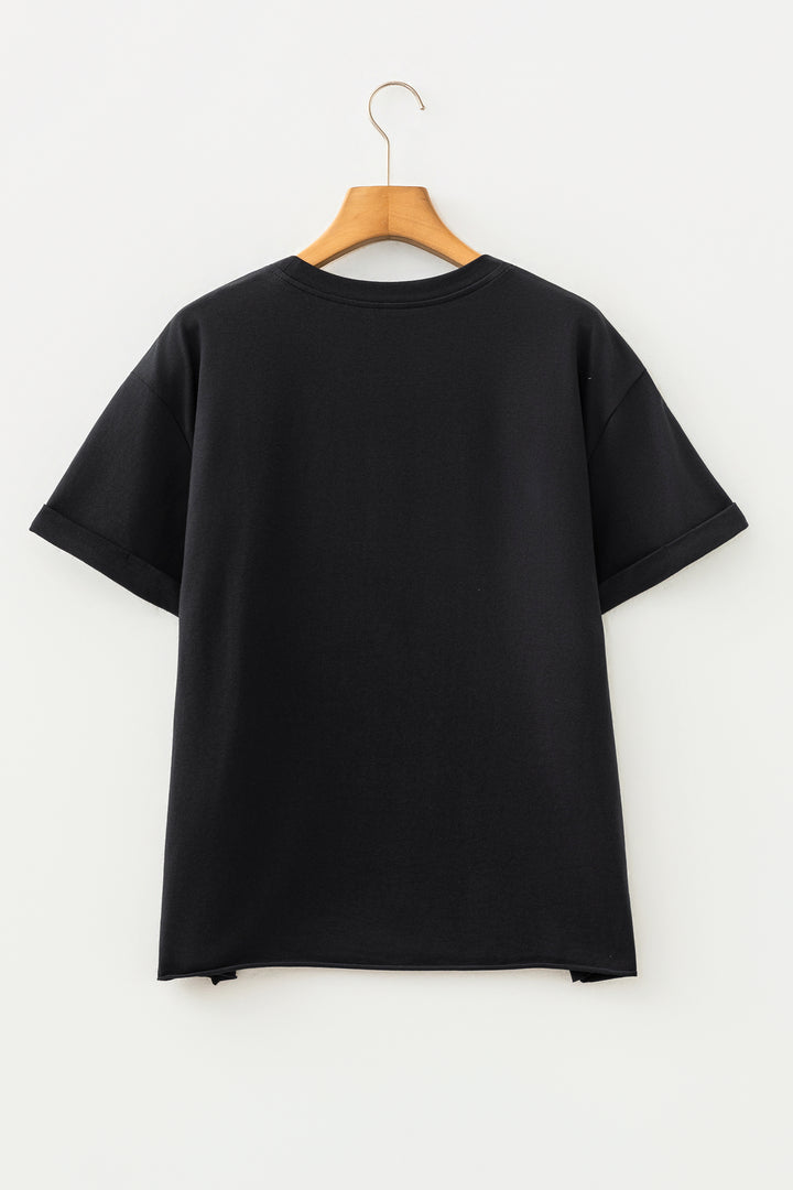 Black Game Day Camo Letter Print Round Neck Casual T Shirt