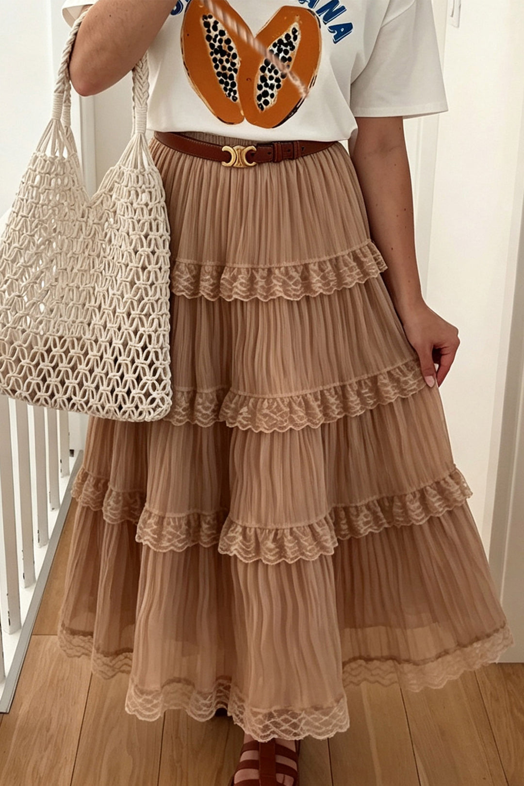 Smoke Gray Pleated Tiered Lace Trim Maxi Skirt